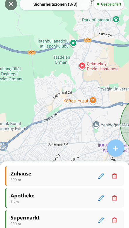 Sicherheitszonen auf der Karte eingezeichnet