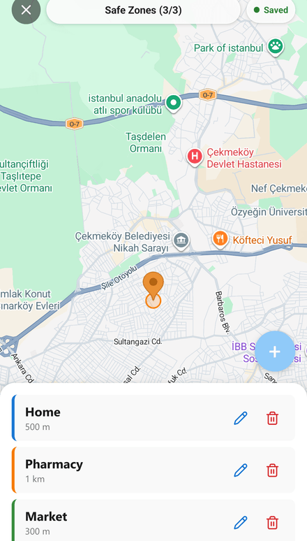 Safe zones drawn on the map